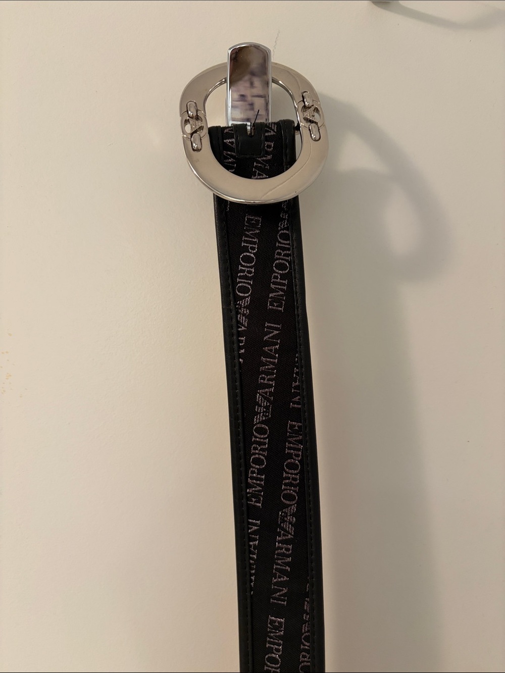 Emporio Armani Black Logo-Print Leather Belt with Silver-Tone Round Buckle
